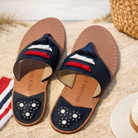 Jack Rogers Shoes - Jack Rogers Navy Sandals Size 9.5 Red White Blue Bow Leather Flat NWT